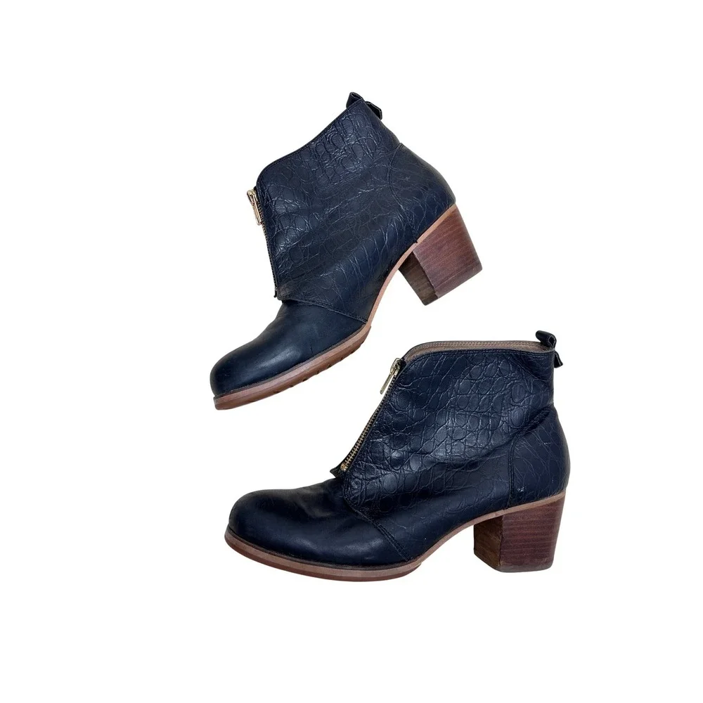 Yellow Shoes Ankle Boots Women 10 Black Good‎ Croc Embossed Front Zip Block Heel